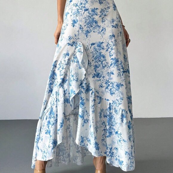 Blue & White Boho Women's Floral High Waist Maxi Skirt - Picture 8 of 8